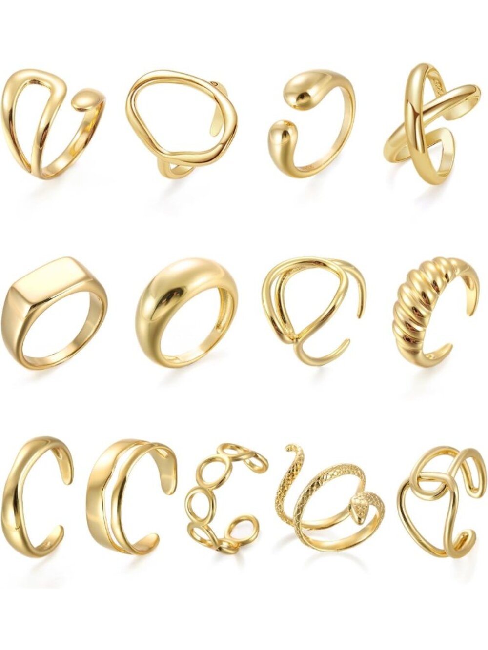 10PCS Gold Dome Chunky Statement Rings for Women, Adjustable Braided Signet